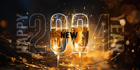 New Year's Eve background with glasses of champagne and the inscription happy new year 2024