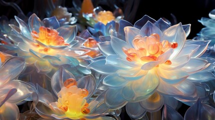 an abstract garden of liquid glass flowers, refracting the light in mesmerizing patterns