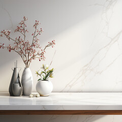 Fondo con detalle y textura de superficie y pared de marmol blanco y jarrones decorativos