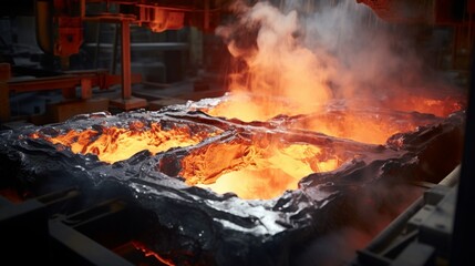 an aluminum foundry where molten metal flows into molds, capturing the mesmerizing transformation from liquid to solid