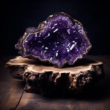 Fotografia con detalle de geosa de tonos amatista sobre piexza de madera y tonos oscuros