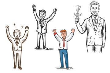 vector sketches of businessmen in suits with raised hands in a gesture of victory