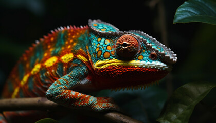 Vibrant veiled chameleon perching on branch in African rainforest generated by AI