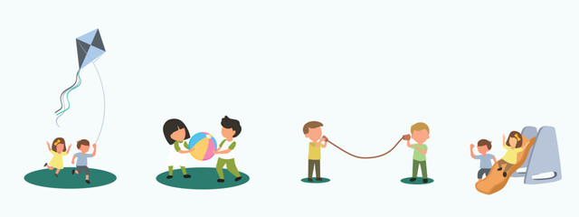 Simple Vector illustration background about Kids girl and boy brother sister fighting over a ball. The conflict between children. Kids' siblings fight in the playroom because of a toy. Modern design