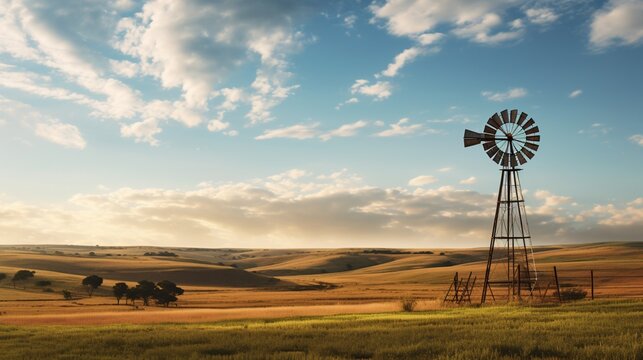 an ancient wooden windmill standing tall against a vast, open field, capturing the timeless beauty of rural craftsmanship and sustainability