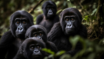 Fototapeta premium Primate portrait: Endangered gorilla staring in lush African forest generated by AI