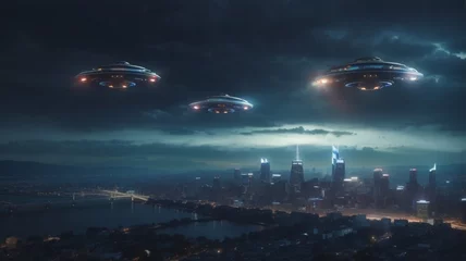 Fotobehang UFO Three UFOs with lights in the night sky hovering over a Major City 