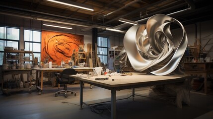 an artistic workspace with an aluminum abstract sculpture, positioned amidst a creative environment, embodying the spirit of artistic innovation