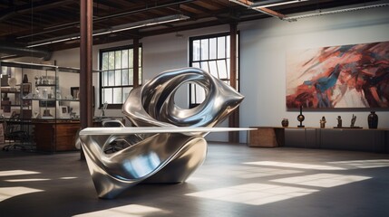 an artistic workspace with an aluminum abstract sculpture, positioned amidst a creative environment, embodying the spirit of artistic innovation - obrazy, fototapety, plakaty