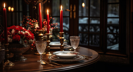Fototapeta na wymiar Christmas eve dining table with candles and christmas decorations