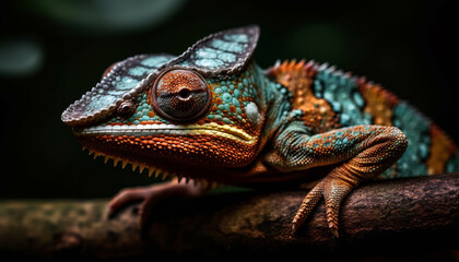 Fototapeta premium Veiled chameleon, a cute reptile with multi colored pattern, indoors generated by AI