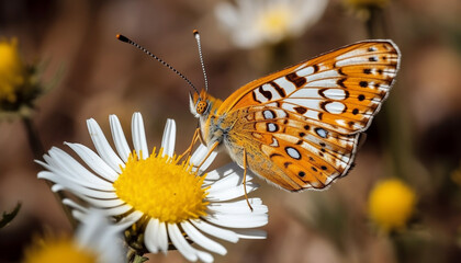 Obraz premium Vibrant butterfly pollinates fragile flower in tranquil meadow growth generated by AI