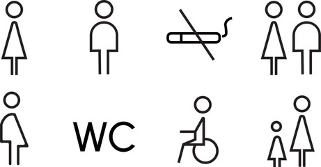 Toilet line icon set. WC sign. Men,women,mother with baby and handicap symbol. Restroom for male, female, transgender, disabled. Vector graphics, black and white icons - obrazy, fototapety, plakaty