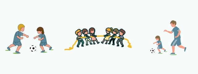 Simple Vector illustration about a group of children playing tug of war. Kids playing tug of war at the park. Girls and boys pull rope, outdoor child games. line art modern design vector illustration - obrazy, fototapety, plakaty