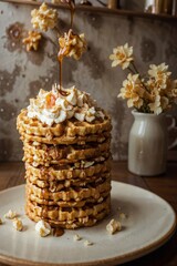 a stack of waffles with a drizzle of icing on top of them on a plate