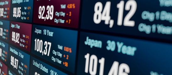 Obraz premium Japanese government bonds, yield and prices. Bond market trading, interest rates, investment.
