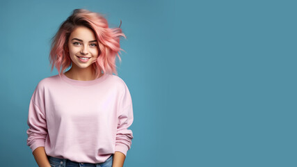 Fototapeta premium A colorful hair woman wearing pink sweatshirt isolated on pastel