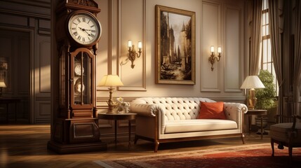 an elegant living room with a classic grandfather clock, its rhythmic ticking adding a touch of warmth to the atmosphere - obrazy, fototapety, plakaty