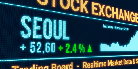 Fototapeta premium Seoul, stock market moving up. Positive stock exchange data, rising chart on the screen. Green percentage sign, profit and investment. 3D illustration