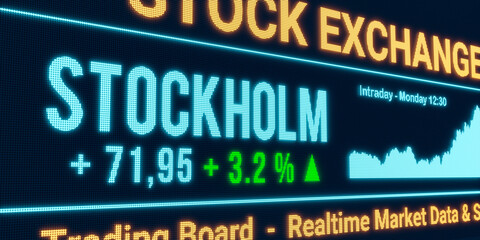 Stockholm, stock market moving up. Positive stock exchange data, rising chart on the screen. Green percentage sign, profit and investment. 3D illustration