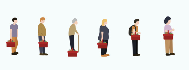 expressions of shopping people carrying baskets. vector cartoon flat illustration.