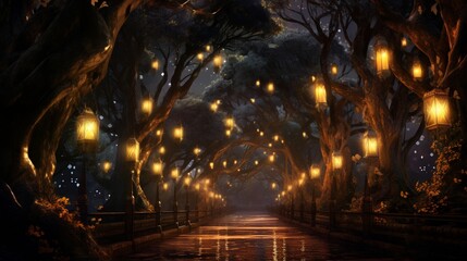 an enchanting, tree-lined avenue with wooden lanterns illuminating the path, creating a magical and serene atmosphere under the night sky