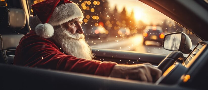 Speedy driver in car interior on snowy road and youthful green Christmas elf Photograph featuring mountainous landscape during sunset