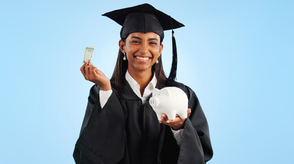 Woman, graduation and piggy bank in studio, money or saving for investing, future or portrait by...
