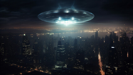 UFO Hovering Over a City at Night