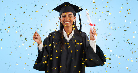 Graduation, certificate and woman in portrait, confetti or pride in studio for success by blue...