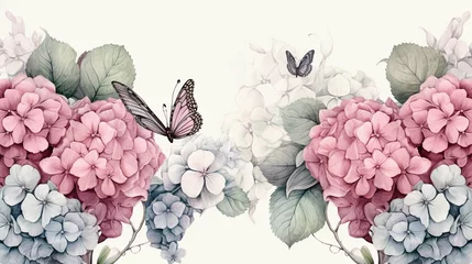 Fotobehang Light background of flowers and hydrangea roses with butterflies vintage drawing - © sania