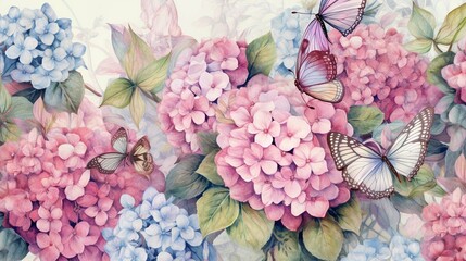 Light background of flowers and hydrangea roses with butterflies vintage drawing -