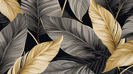 tropical leaf gold and black pattern wallpaper with a gray background.