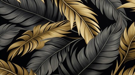 tropical leaf gold and black pattern wallpaper with a gray background.