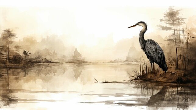 drawing wallpaper of a landscape of heron birds in the middle of the forest lake in ink style