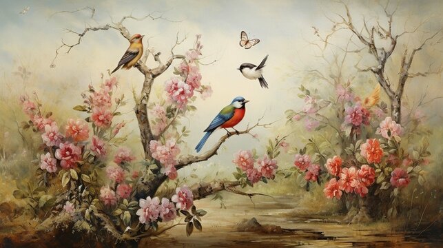oil painting in vintage style, a landscape of forest tree branches with flowers, fruits, birds and butterflies used for wall décor
