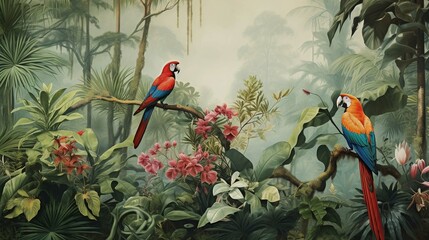 wallpaper jungle and leaves tropical forest mural parrot and birds butterflies old drawing vintage background  - obrazy, fototapety, plakaty