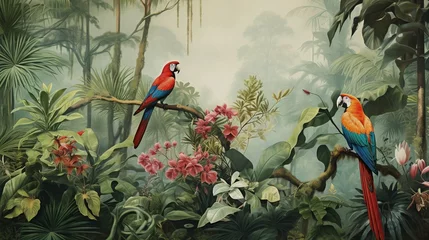 Raamstickers wallpaper jungle and leaves tropical forest mural parrot and birds butterflies old drawing vintage background  © sania