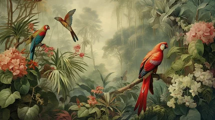 Fotobehang wallpaper jungle and leaves tropical forest mural parrot and birds butterflies old drawing vintage background  © sania