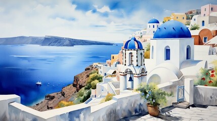 Watercolor painting of the beautiful islands of Greece - obrazy, fototapety, plakaty