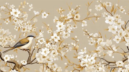 Wallpaper pattern of branches with white flowers with birds and butterflies in light gold background, spring atmosphere