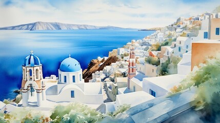 Watercolor painting of the beautiful islands of Greece - obrazy, fototapety, plakaty