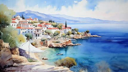 Fototapeta na wymiar Watercolor painting of the beautiful islands of Greece