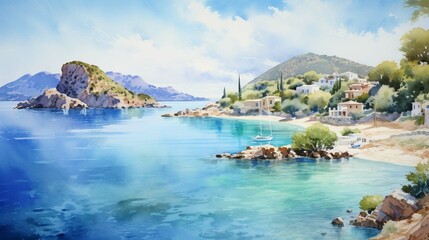 Naklejka premium Watercolor painting of the beautiful islands of Greece