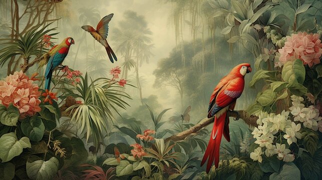 Fototapeta wallpaper jungle and leaves tropical forest mural parrot and birds butterflies old drawing vintage background 