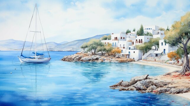 Watercolor painting of the beautiful islands of Greece