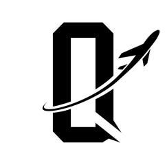Black Futuristic Letter Q Icon with an Airplane