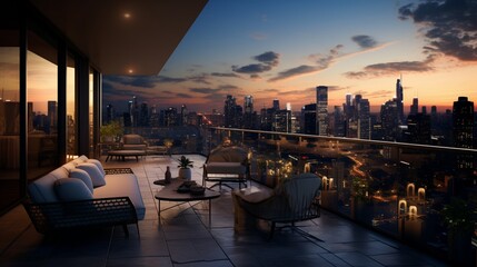 an image of a high-rise penthouse balcony, featuring a chic outdoor sofa with a panoramic city view - obrazy, fototapety, plakaty