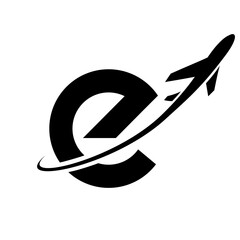 Black Lowercase Letter E Icon with an Airplane