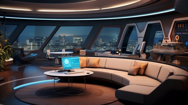 an image of a high-tech control room with a sleek, ergonomic sofa for operators managing complex systems